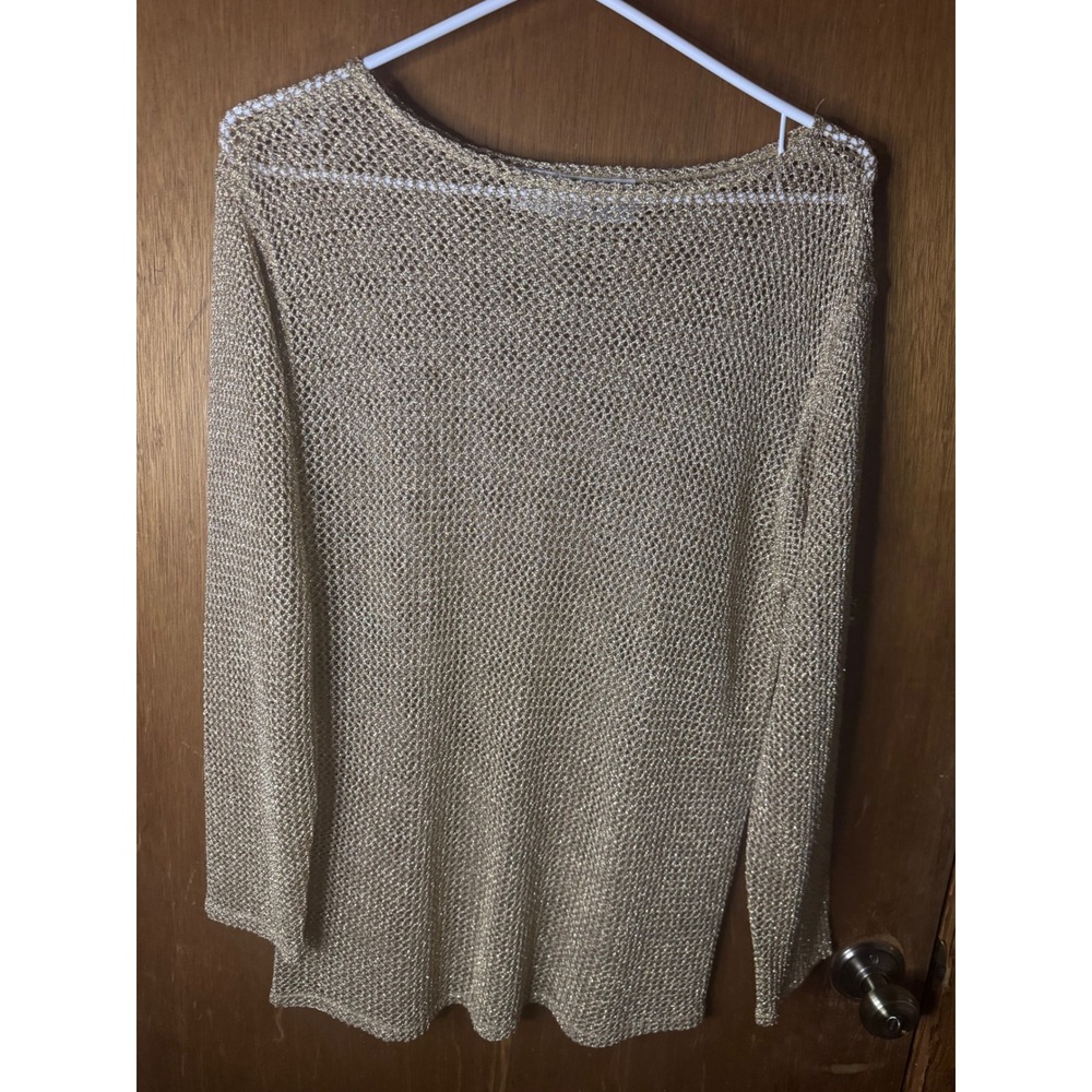 Ann Tjian for Kenar Metallic Gold Open Knit Sweater Womens Medium Boat Neck Mesh